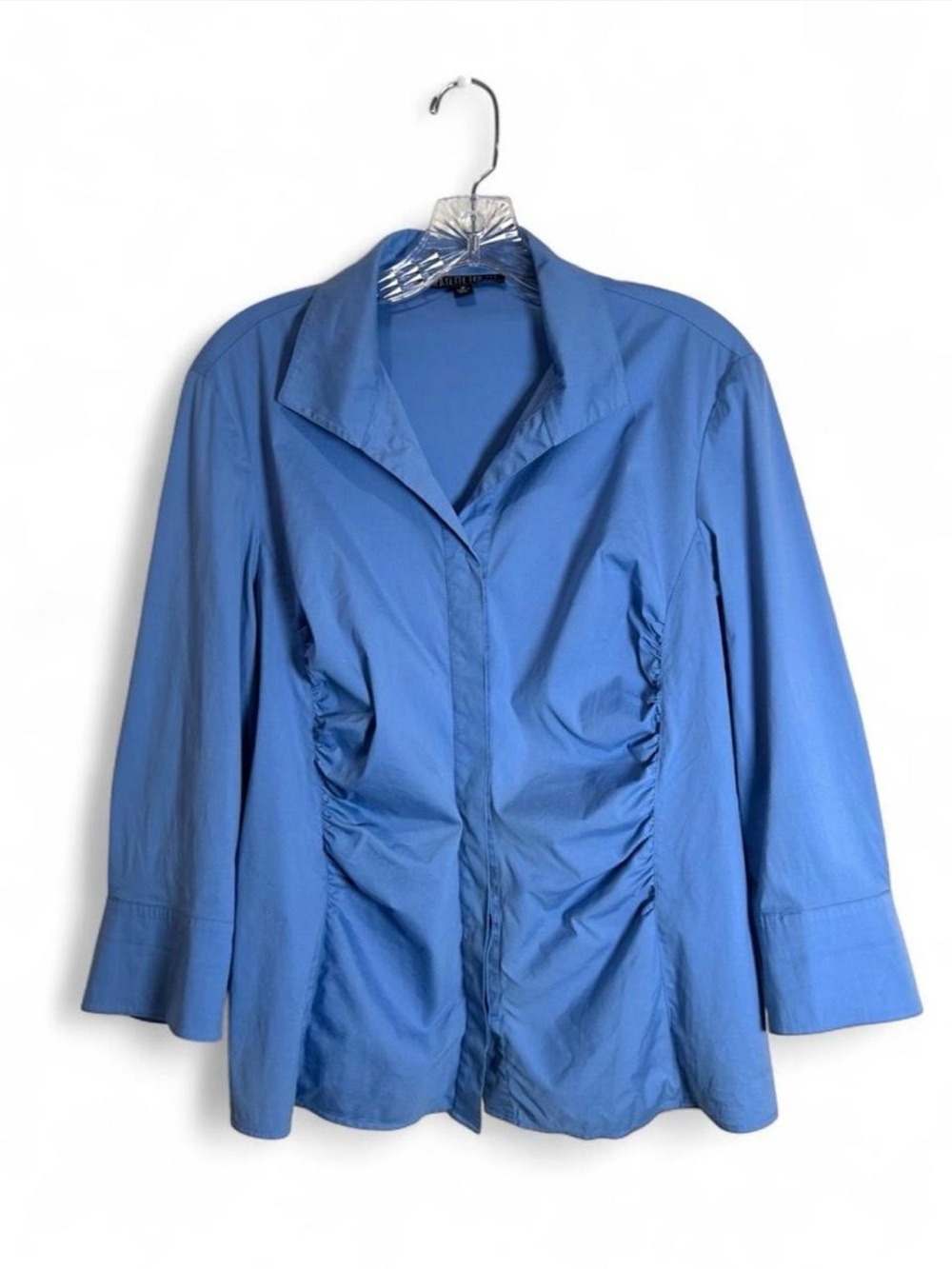Lafayette 148 Blouse Top Button Front Women Sz 12 Blue Cotton Ruched Career Work